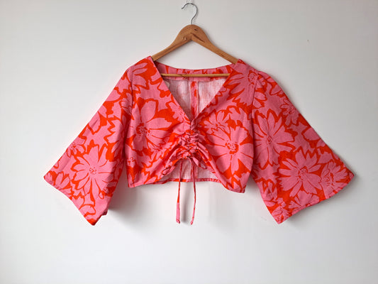 Pink and orange gathered top with sleeves, bust 98-105cm