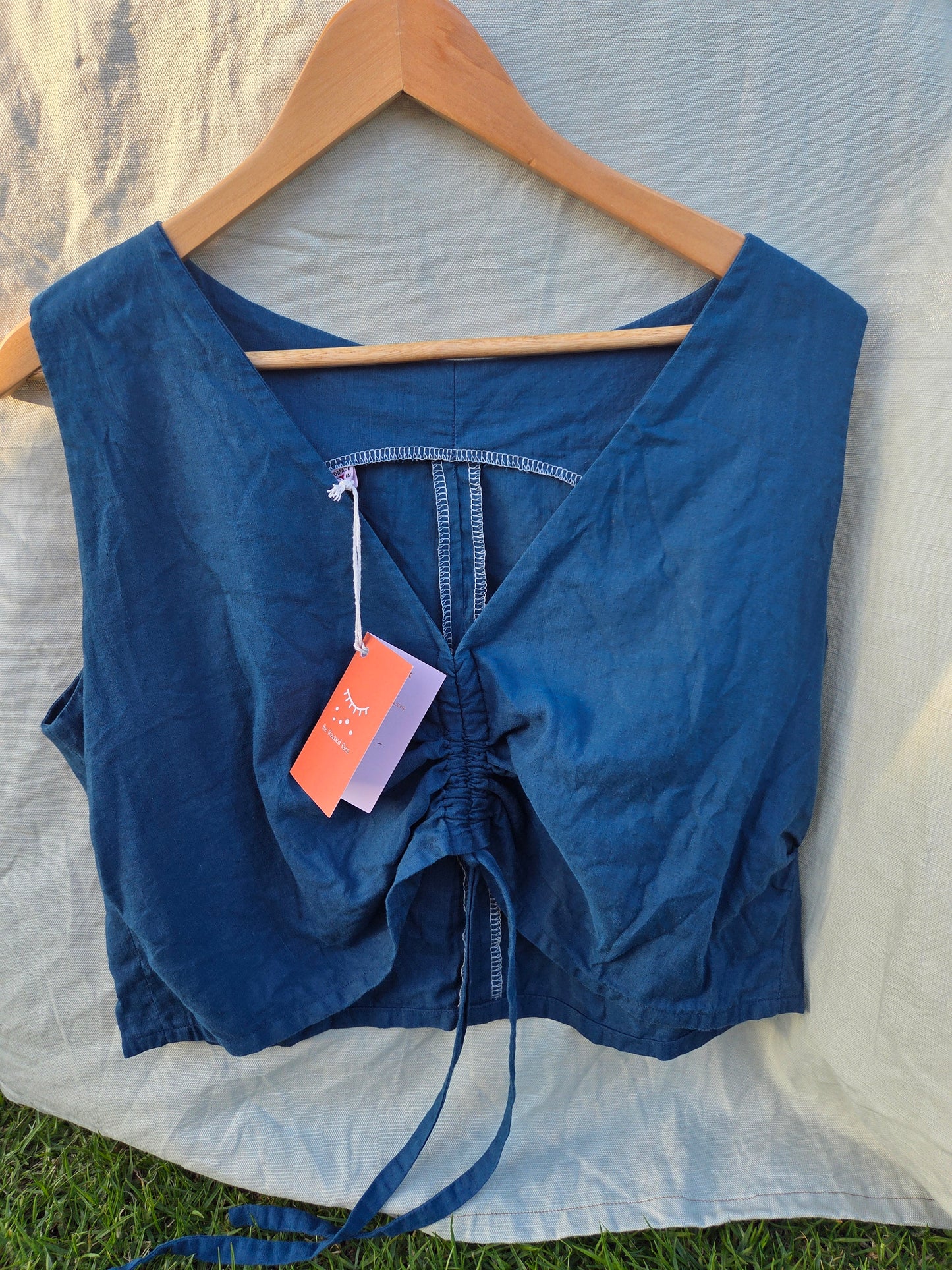 Pre-made: Indigo, cotton/linen gathered top